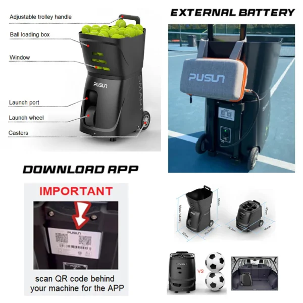 PT-Smart Portable Tennis Ball Machine – Auto Trainer, Adjustable Speed & Angle, 100-Ball Capacity with Remote Control